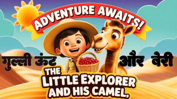 create 3d realistic cartoon 4k youtube thumbnail of "child and camel with berry" viral thumbnail.
