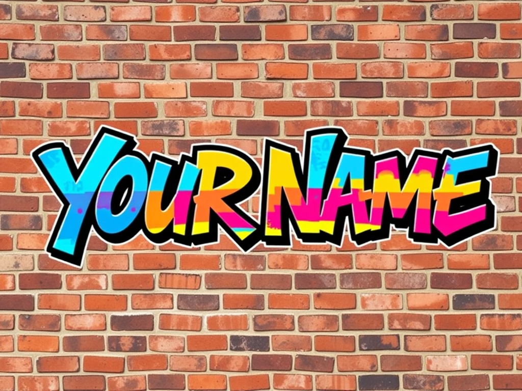 AIIMAGE:Urban scene featuring graffiti of user's name in neon colors, illustrating the dynamic and artistic aspect of customizing graffiti art. Style it with bold outlines and spray-paint textures, set against a gritty urban backdrop. The image captures the essence of digital personalization and street art. 4k